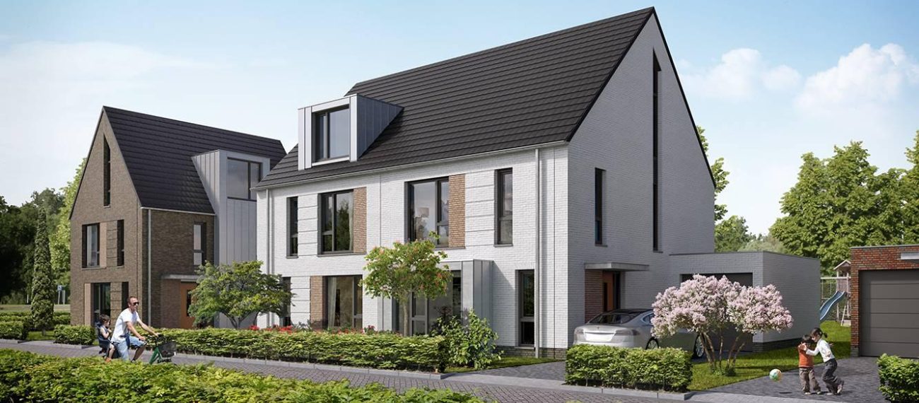 Impressie van een nieuwbouw woonwijk, met spelende kinderen.