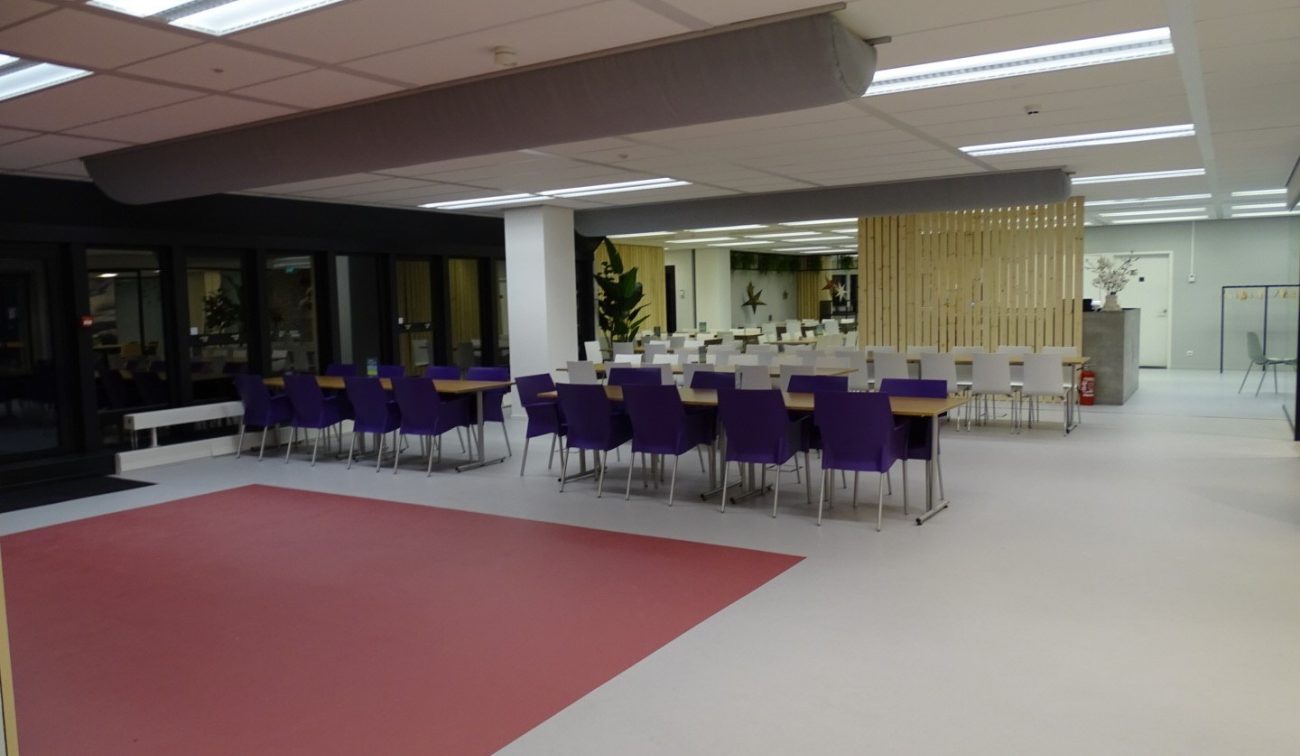 Renovatie Meeting Plaza: conferentieruimte met rijopstelling, paarse stoelen en houten scheidingswand