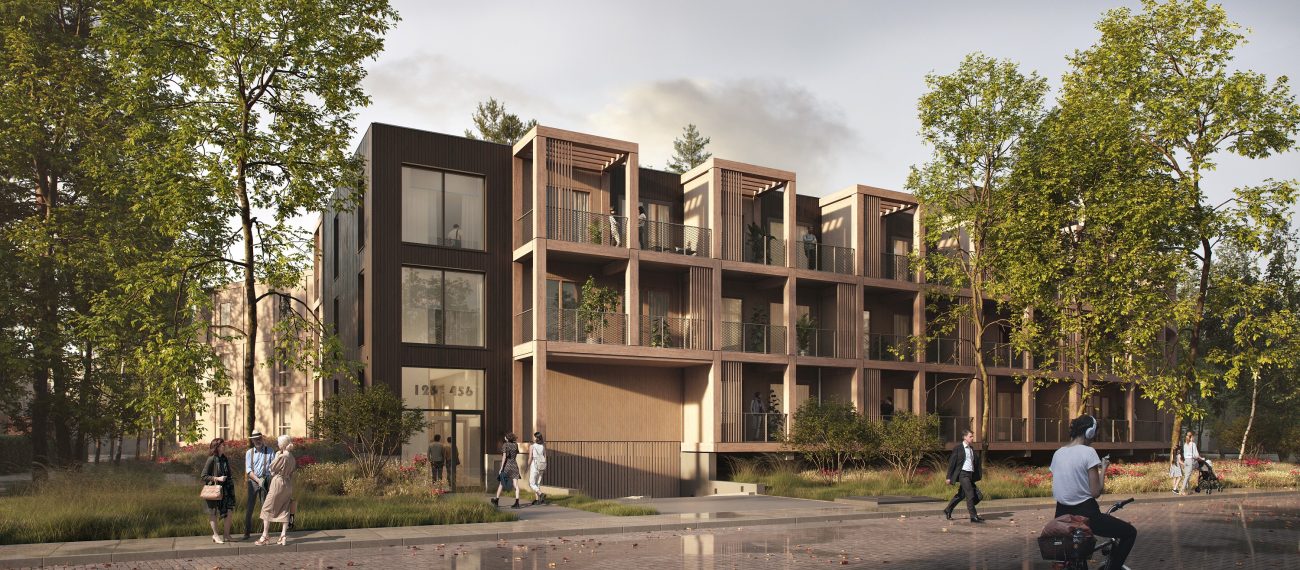 Impressie van de hoofdentree van het nieuwbouwproject ROOT in Eindhoven, met moderne gevel en mensen bij de ingang van het appartementencomplex.