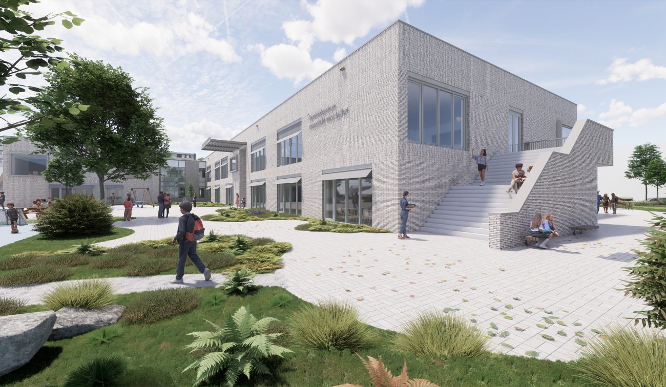 Kernkindcentrum Maastricht-West – impressie van schoolgebouw in licht baksteen met brede buitentrap, speelplein en groen inrichting