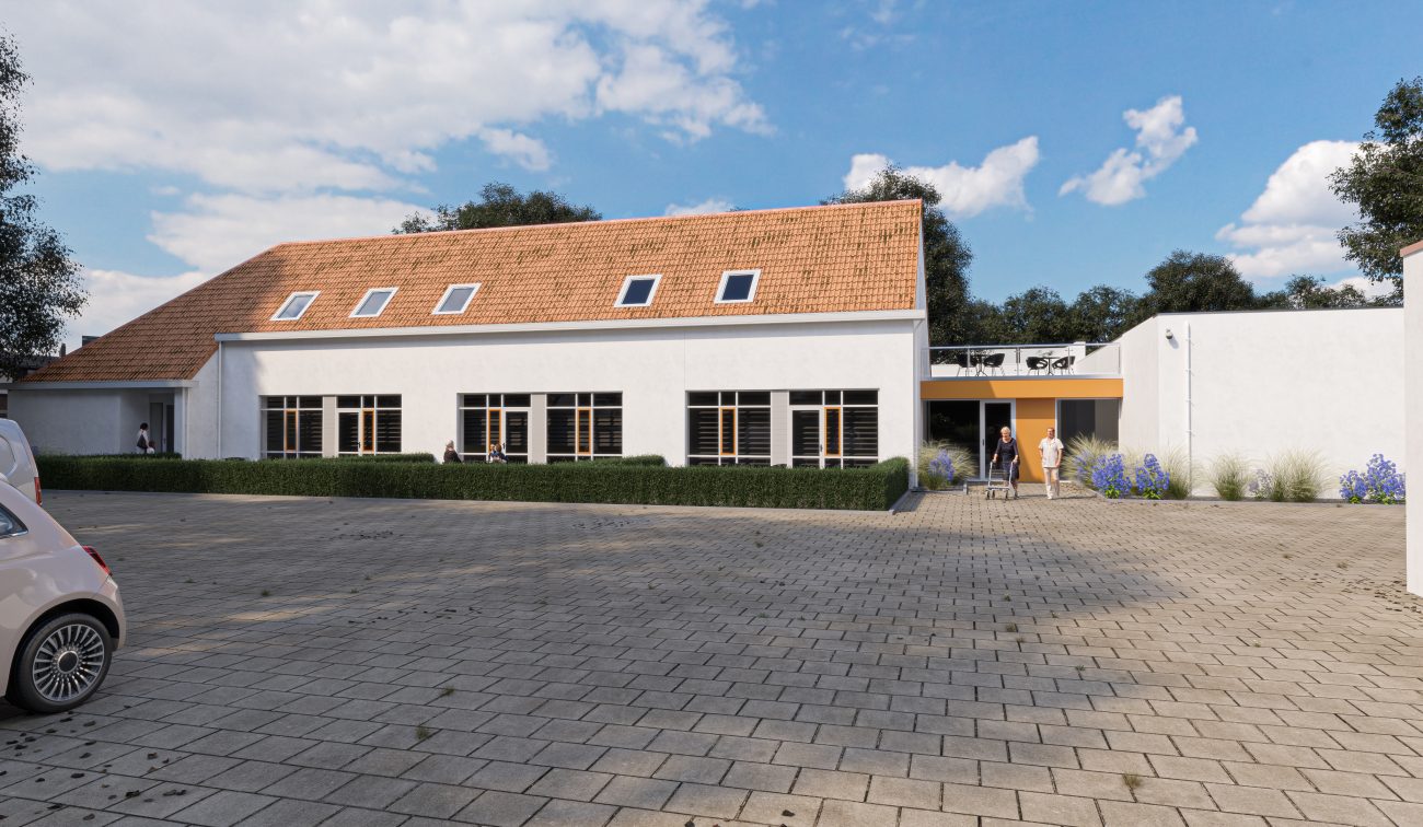 Impressie transformatie oude school Buchten: witte gevel, oranjerood pannendak, entree met luifel en plein