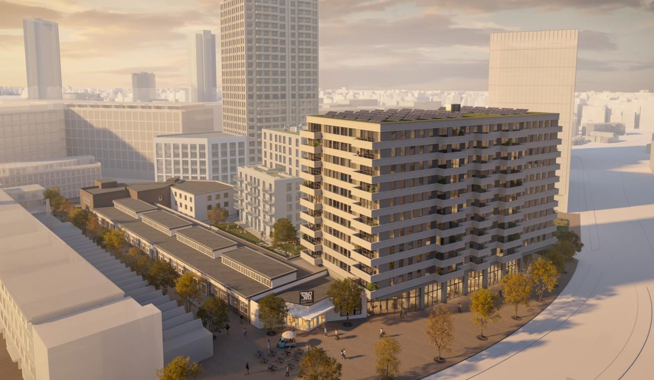 Impressie van de nieuwbouwtoren bij het TAC-terrein in Eindhoven, een modern appartementengebouw in stedelijke omgeving met hoge torens en avondzon.