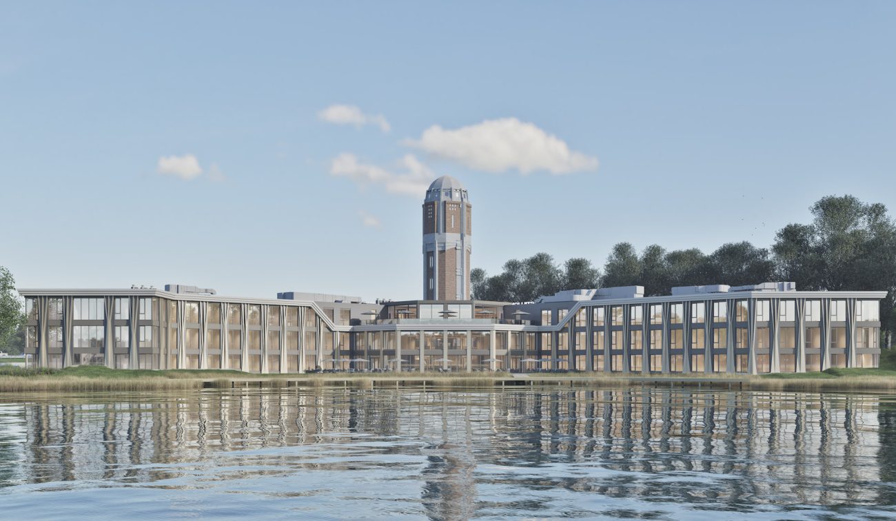 Impressie Postillion Hotel Breda-Biesbosch – nieuwbouw aan het water met glazen gevels en de iconische watertoren centraal.