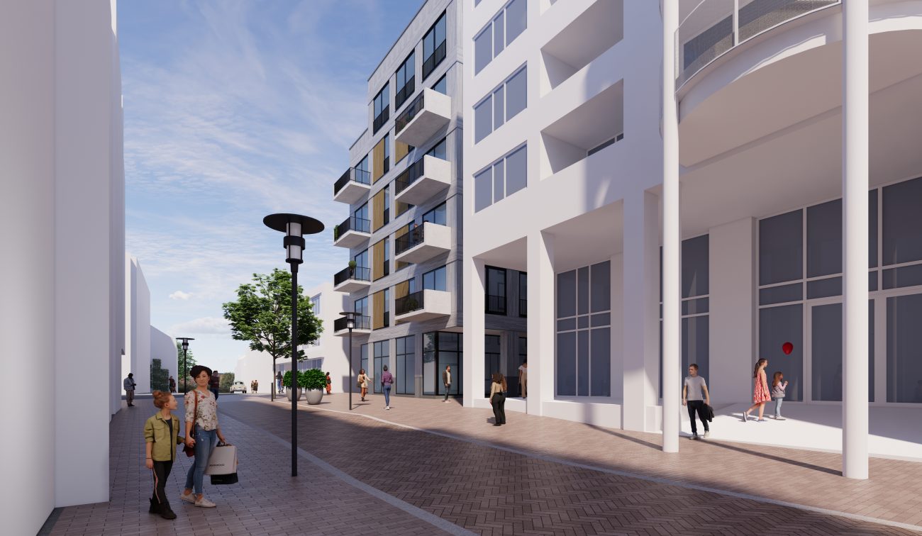 Impressie transformatie De Componist Kerkrade: glazen plint, uitkragende balkons en levendige passage