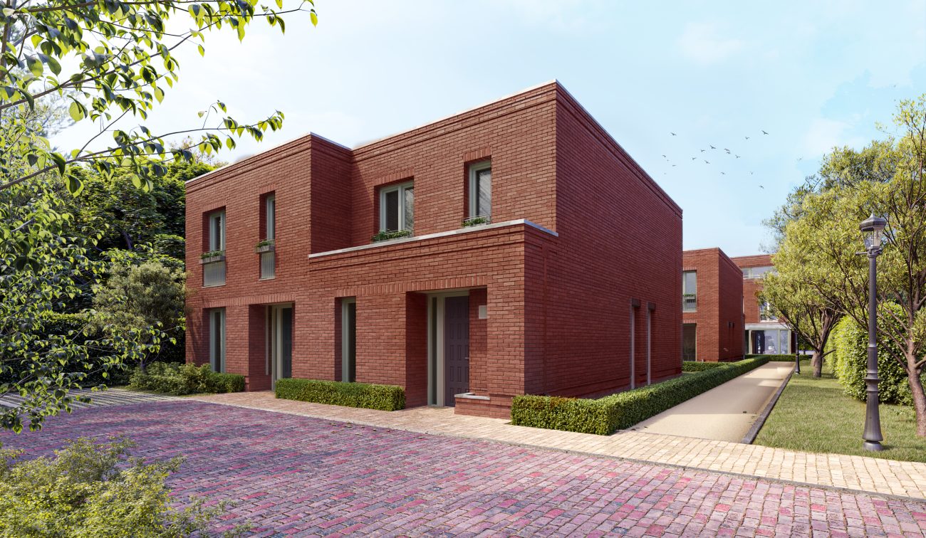 Moderne roodbruine stadswoningen in groen hof Utrecht strak metselwerk, hagen, vogels, ochtendlicht.