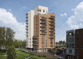 Impressie Nieuwbouw Merwehoofd Papendrecht: moderne woontoren met baksteen en balkons, groen en plein voor.