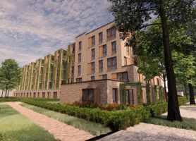 Impressie van de nieuwbouw aan de Hertoglaan in Vught, met een duurzaam ontwerp, groene gevels en ruime wandelpaden in een groene omgeving.