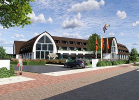 Impressie van de hoofdentree van het nieuw gebouwde Van der Valk Exclusief Hotel Gouden Leeuw in Voorschoten, met moderne architectuur en glazen gevel.