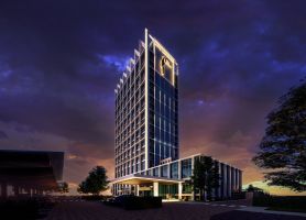 Nachtimpressie van het nieuwgebouwde Van der Valk Hotel Zoetermeer, met moderne architectuur en sfeervolle verlichting van de gevel en entree.