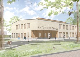 Nieuwbouw Antoniusschool: compact volume met entreeportaal, grote ramen, plein en spelende kinderen.