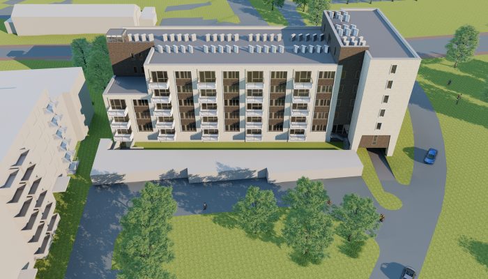 Impressie nieuwbouw sociale huurappartementen Maastricht-West met balkons, groen en inrit.