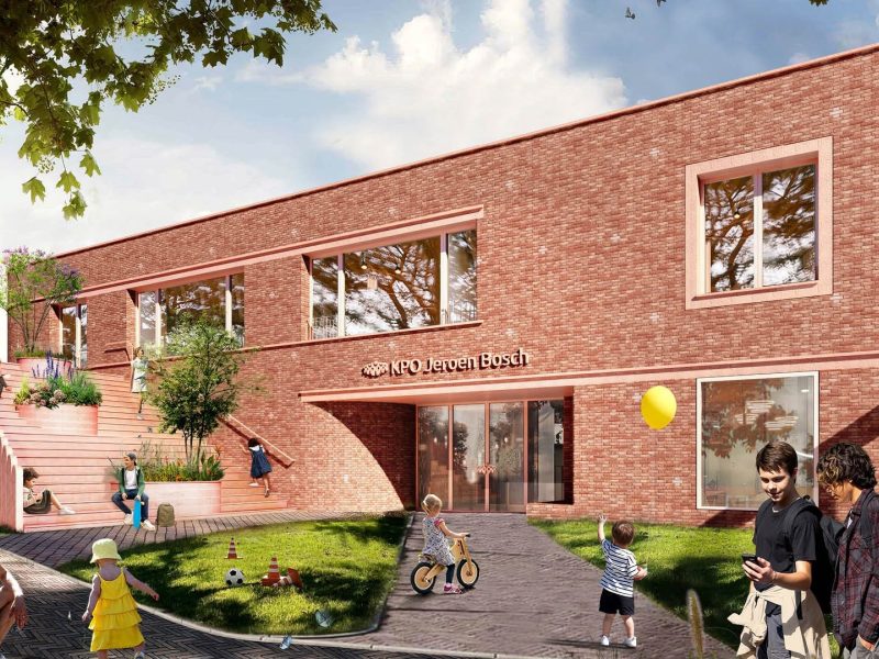 Impressie Kindcentrum Jeroen Bosch Roosendaal: nieuwbouw school, baksteen, trap, entree en spelende kinderen