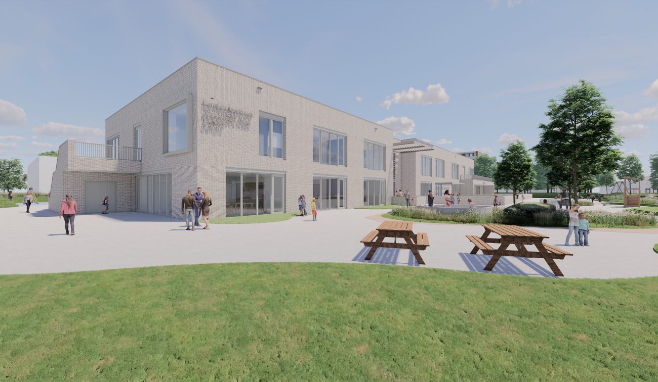 Kernkindcentrum Maastricht-West – impressie van licht bakstenen school met grote ramen, picknickbanken op groen plein en spelende kinderen