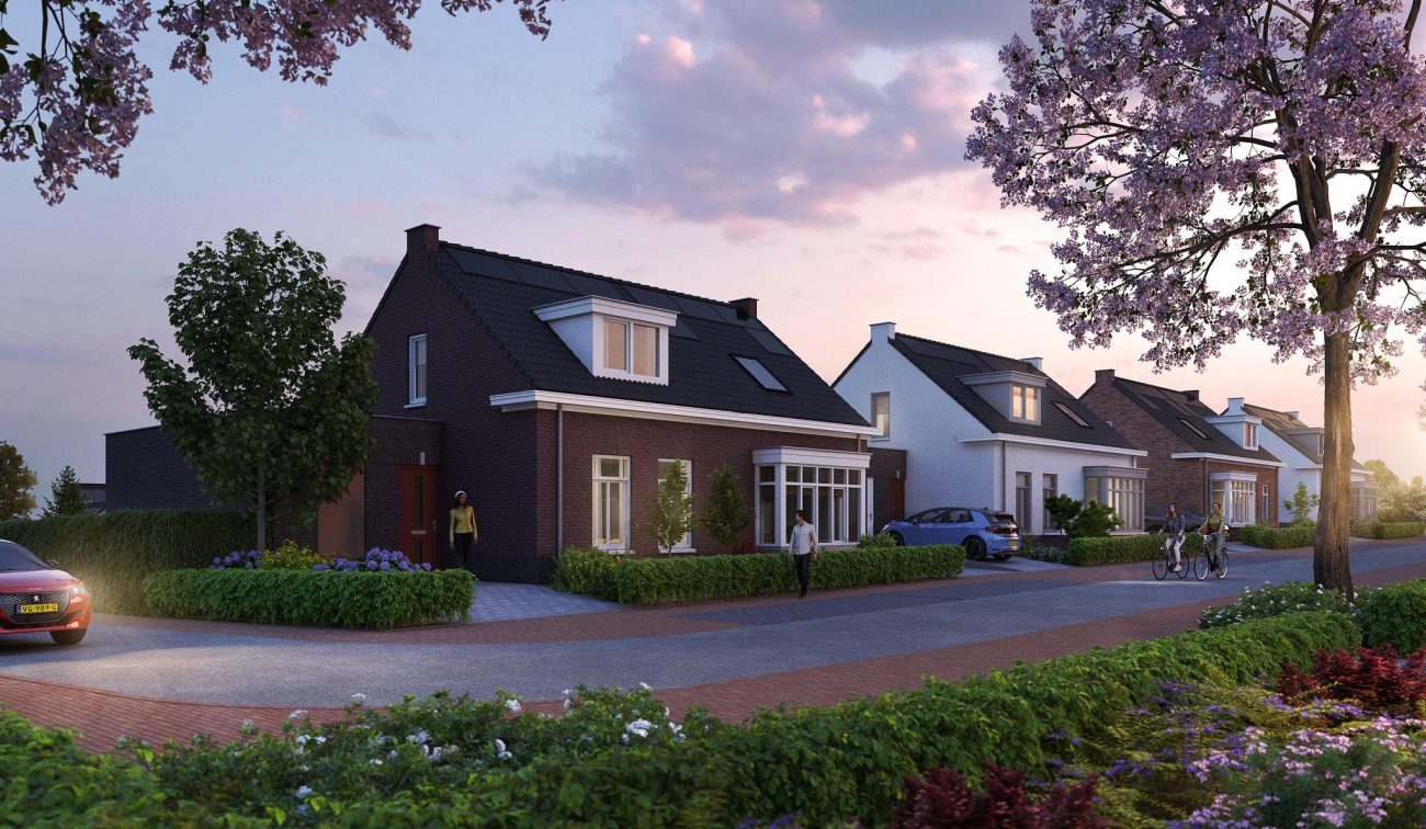 Impressie van de nieuwbouwwoningen in De Bloesemgaard in Margraten, met warme avondzon die de gevels en groene voortuinen verlicht.