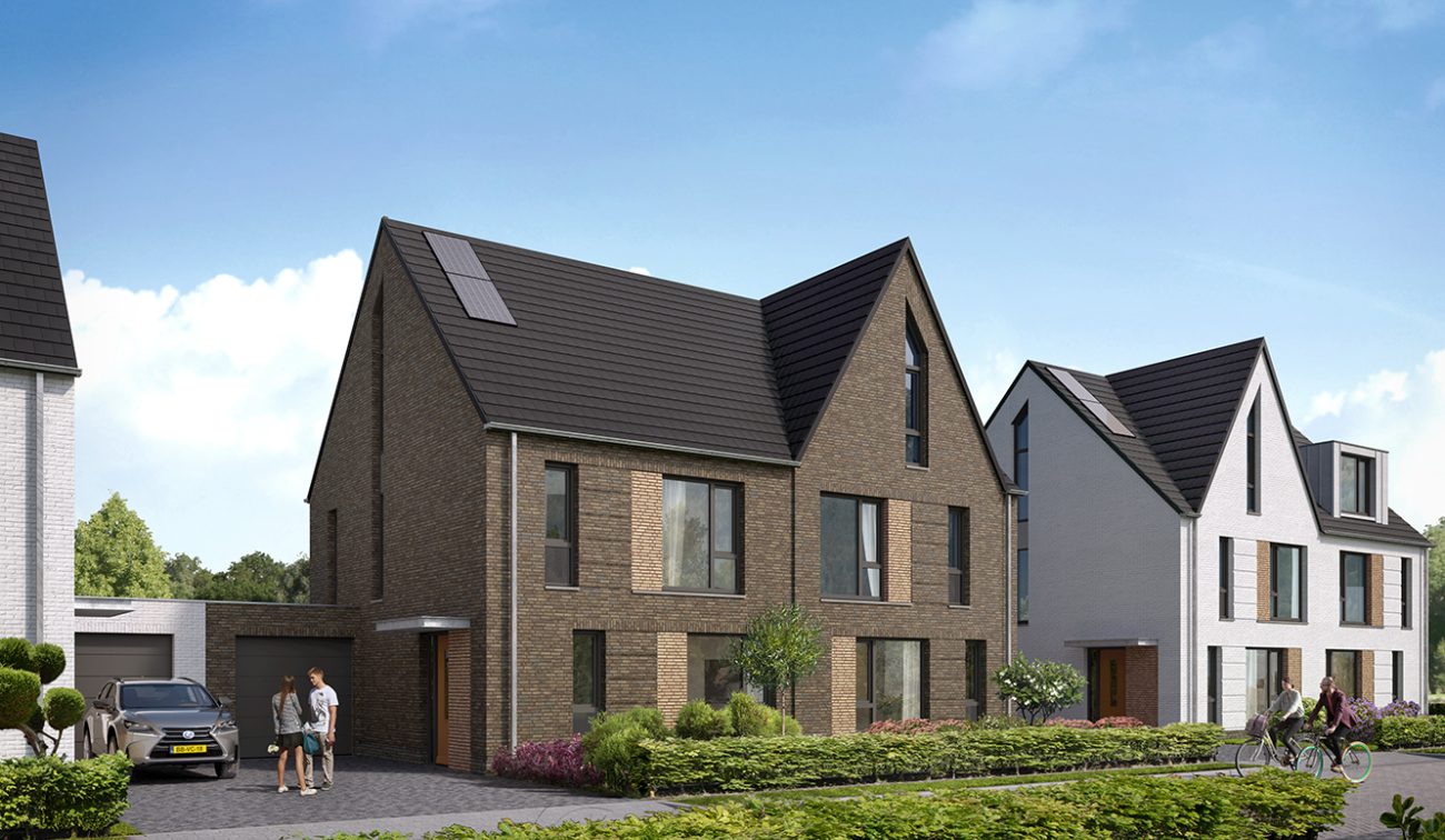 Alternatieve impressie van een twee-onder-een-kapwoning in het nieuwbouwproject De Contreie in Oosterhout, met zicht op de tuinzijde en architectonische details.