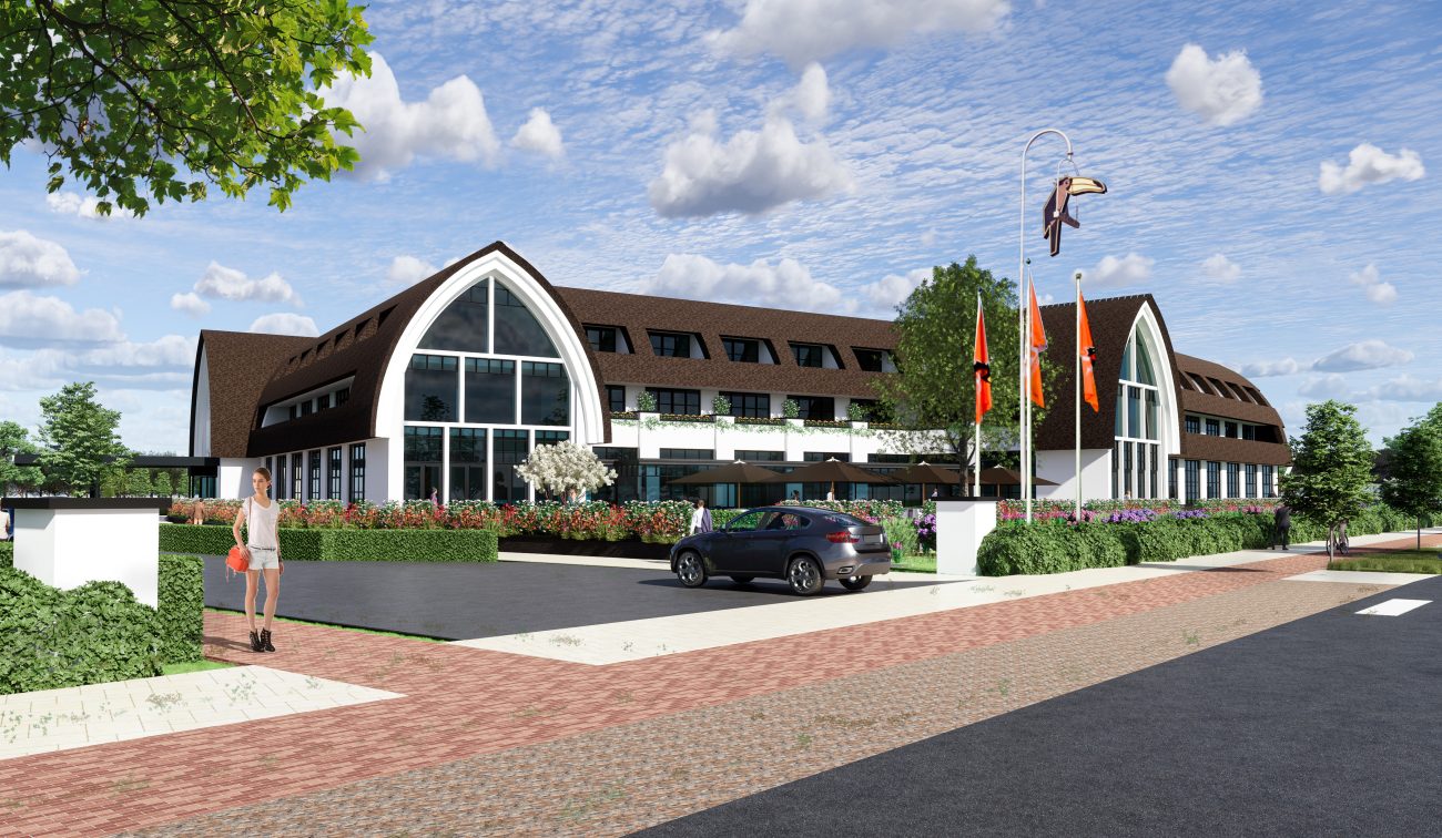 Impressie van de hoofdentree van het nieuw gebouwde Van der Valk Exclusief Hotel Gouden Leeuw in Voorschoten, met moderne architectuur en glazen gevel.