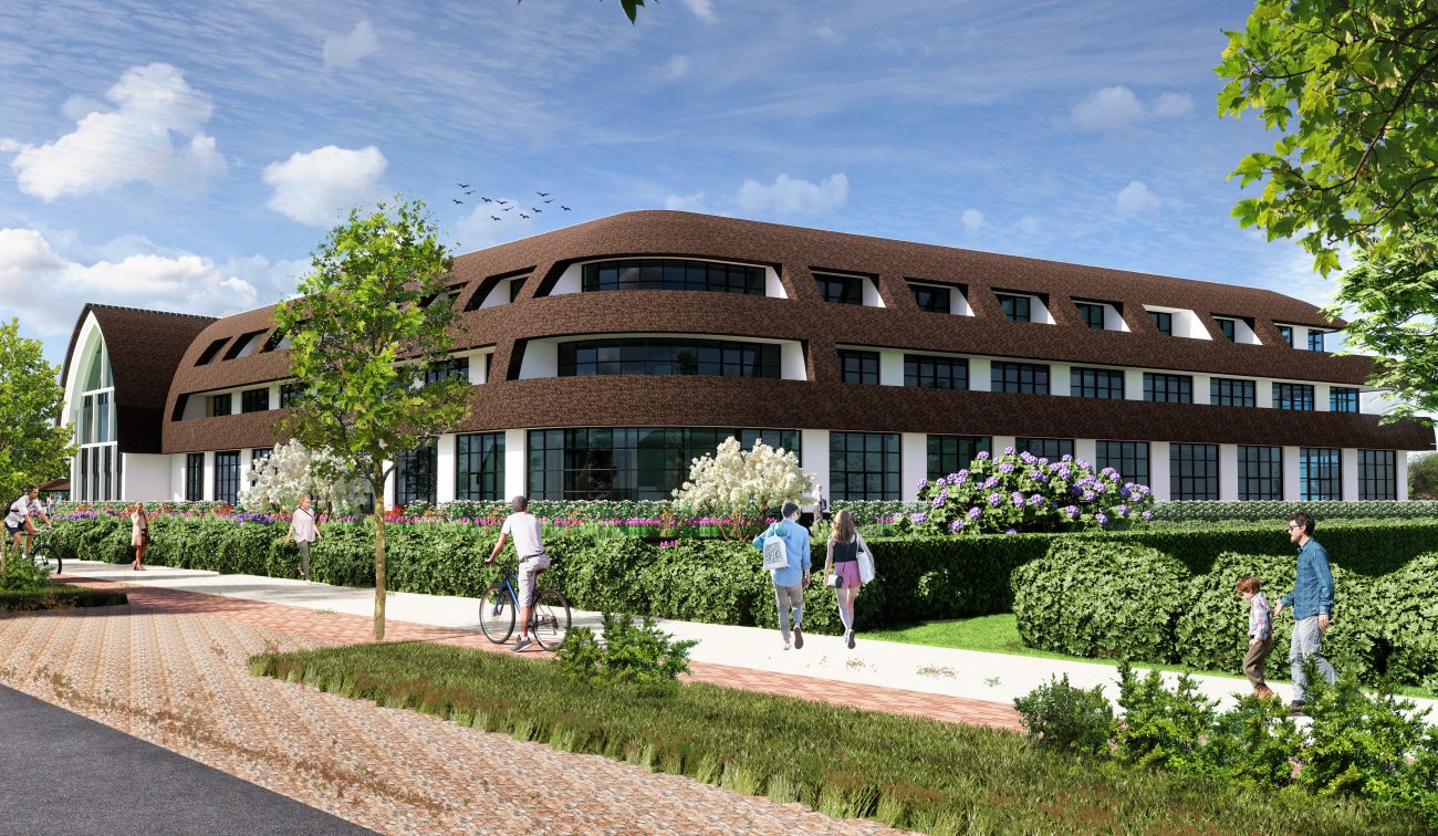 Impressie van de achterzijde van het nieuwgebouwde Van der Valk Exclusief Hotel Gouden Leeuw in Voorschoten, met moderne gevel en ramen maar zonder terras.