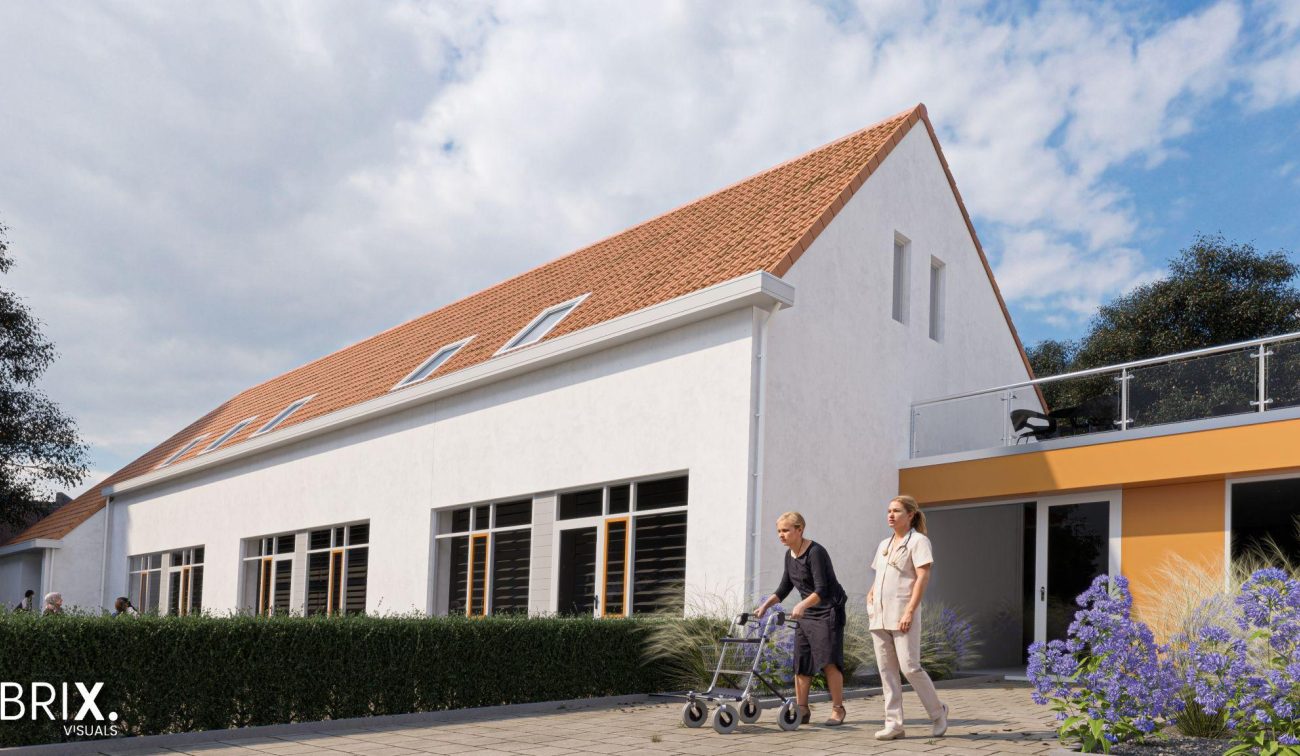 Impressie transformatie oude school Buchten: wit stuc, oranjerood pannendak en tuin met paarse beplanting