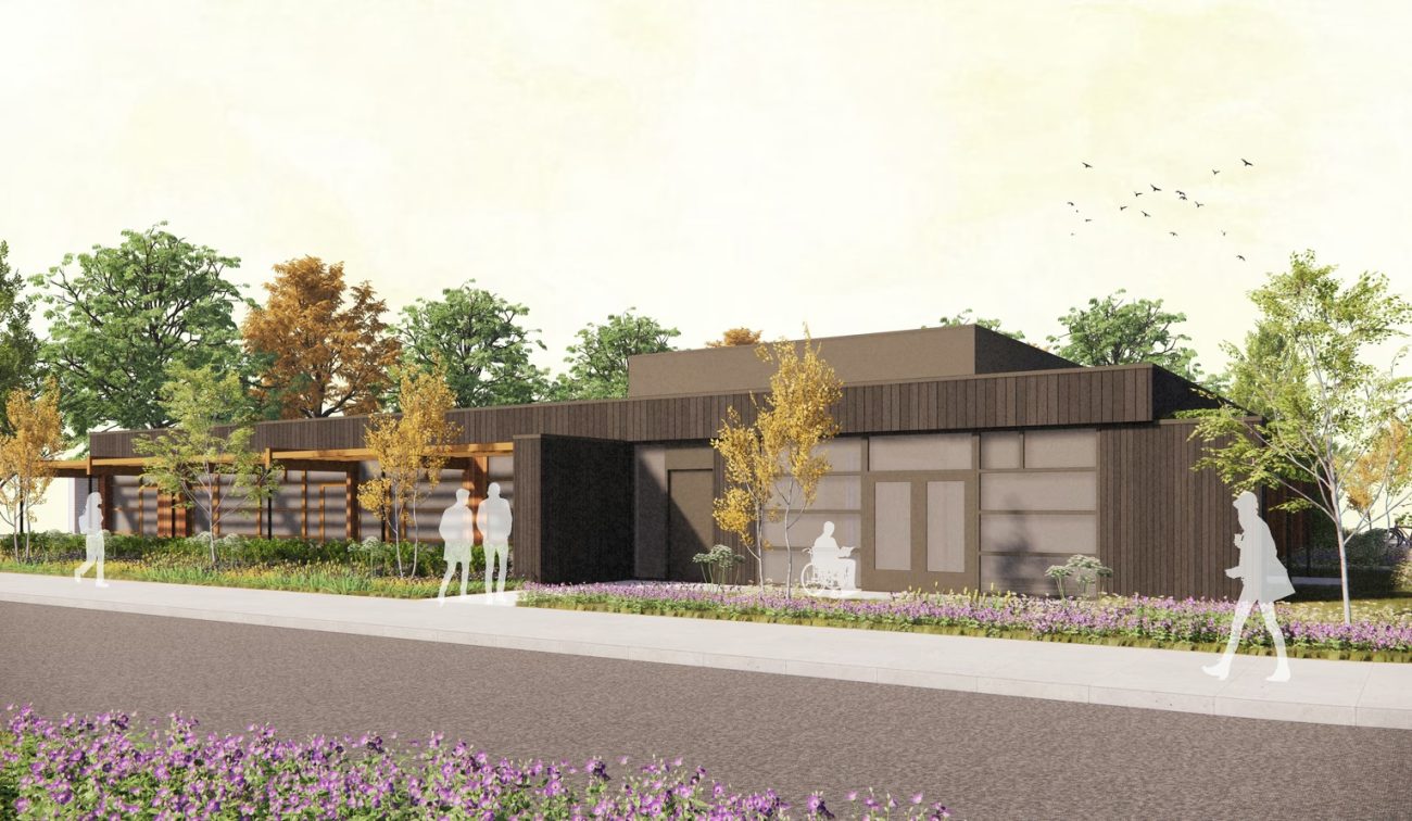 Impressie van schuin zijaanzicht van een hospice en logeerhuis met daarvoor silhouetten om de schaal aan te geven