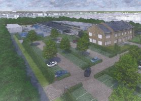 Tekening vernieuwbouw Wijkbeheer & IPOR Geleen: vogelvlucht met parkeerplaatsen, hagen en veel groen