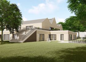 Artist impression SKC Berg en Terblijt: twee lagen, zigzagkappen, buitentrap en kindvriendelijk groen