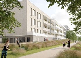 De Baron Bergen op Zoom: lichte bakstenen woonblok met balkons, witte kaders, duinpad mensen buiten.