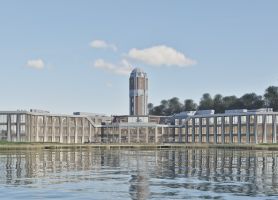 Impressie Postillion Hotel Breda-Biesbosch – nieuwbouw aan het water met glazen gevels en de iconische watertoren centraal.