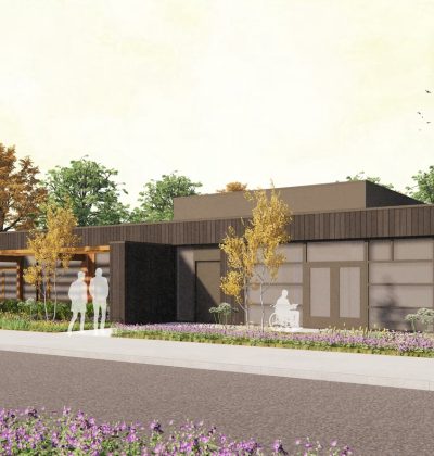 Impressie van schuin zijaanzicht van een hospice en logeerhuis met daarvoor silhouetten om de schaal aan te geven