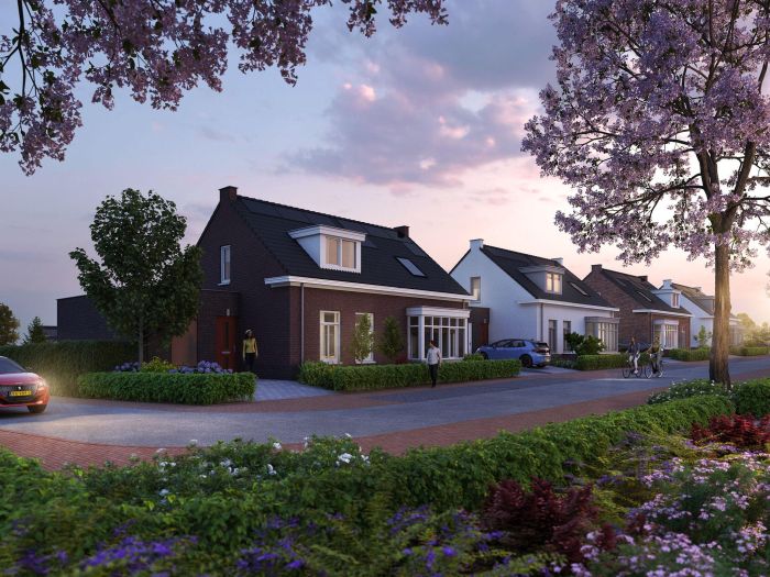 Impressie van de nieuwbouwwoningen in De Bloesemgaard in Margraten, met warme avondzon die de gevels en groene voortuinen verlicht.
