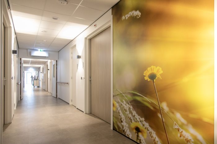 Heldere zorggang met systeemplafond, deuren en handgrepen langs de wanden; rechts een grote wandprint van een gele bloem, links in de verte een medewerker en een nooduitgang-pictogram.