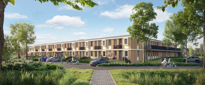 Woningbouw met houten gevel langs woonstraat met geparkeerde auto’s en fietsers