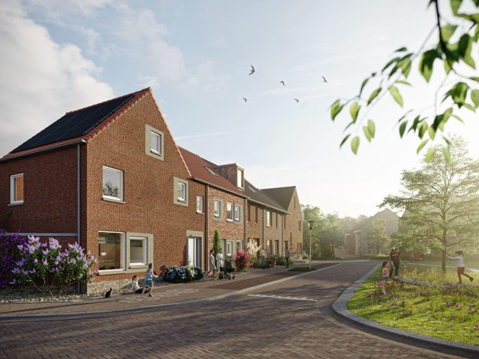 Nieuw Absbroek Geleen – rij bakstenen eengezinswoningen met variërende kapvormen en zonnepanelen langs gebogen, groene woonstraat met bewoners