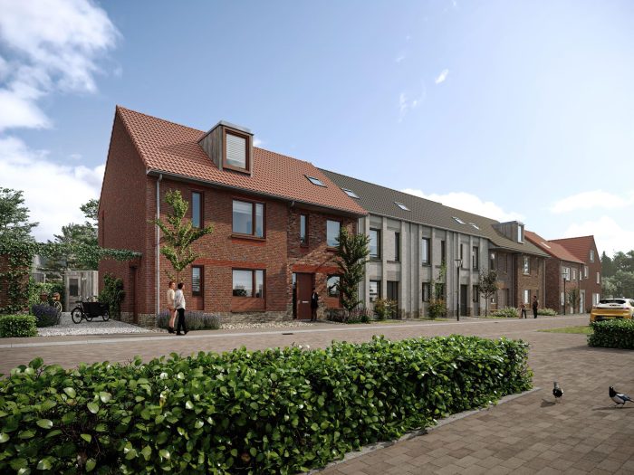 Nieuw Absbroek Geleen – impressie van rijwoningen met rode dakpannen en afwisselend rood/grijs metselwerk, groene straat met bewoners