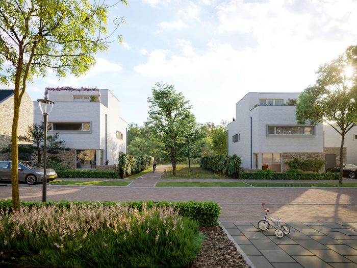 Nieuw Absbroek Geleen – impressie van twee moderne vrijstaande witte villa’s met kubistische volumes langs groen hof, kindfietsje op stoep