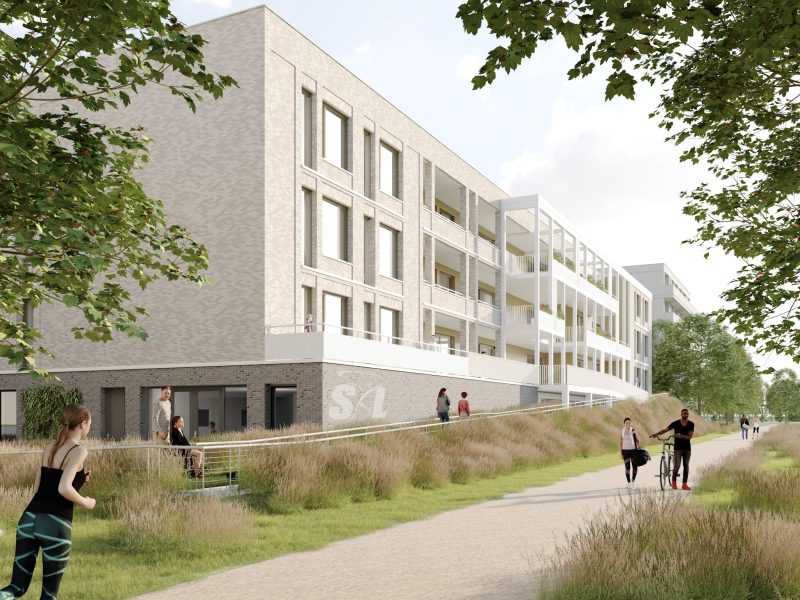 De Baron Bergen op Zoom: lichte bakstenen woonblok met balkons, witte kaders, duinpad mensen buiten.