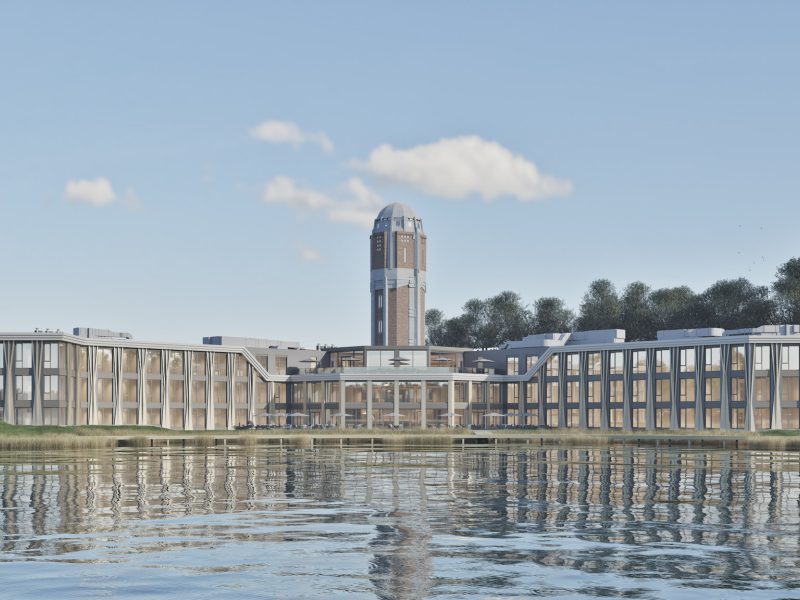 Impressie Postillion Hotel Breda-Biesbosch – nieuwbouw aan het water met glazen gevels en de iconische watertoren centraal.